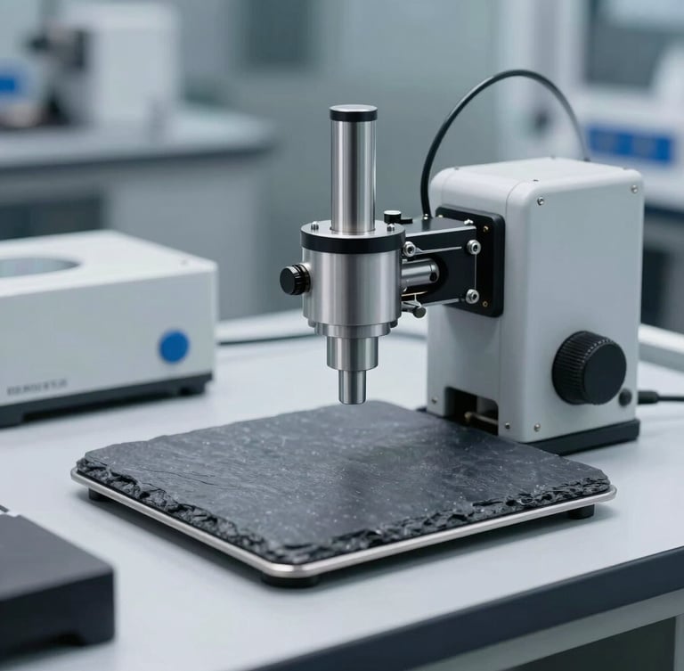 A clean-room industrial testing environment with cool-toned studio lighting, showing high-precision calibration equipment and metallic components on a slate workbench.