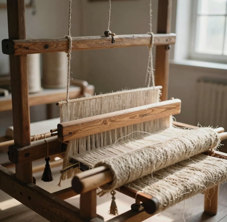 Medium environmental shot of a traditional wooden loom in a sunlit European mill, soft morning light casting long shadows, raw flax spools in the background.