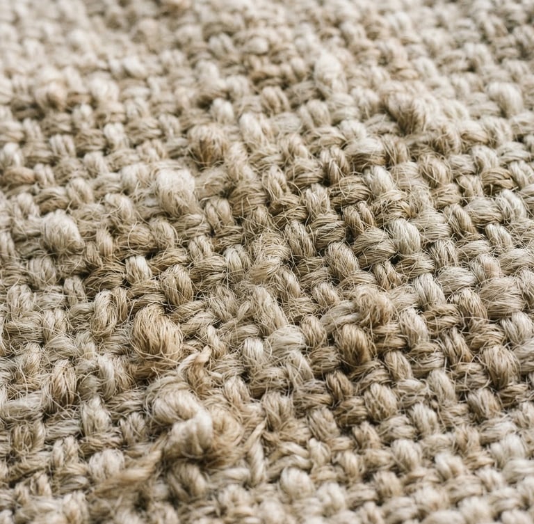 Tight macro shot of a heavy-weight linen weave, showing the thick, irregular flax fibers under soft morning window light, desaturated oatmeal tones, 35mm film.