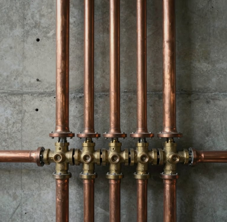 Straight-on architectural view of perfectly parallel copper plumbing pipes and brass valves mounted on a raw concrete wall, dramatic side-lighting