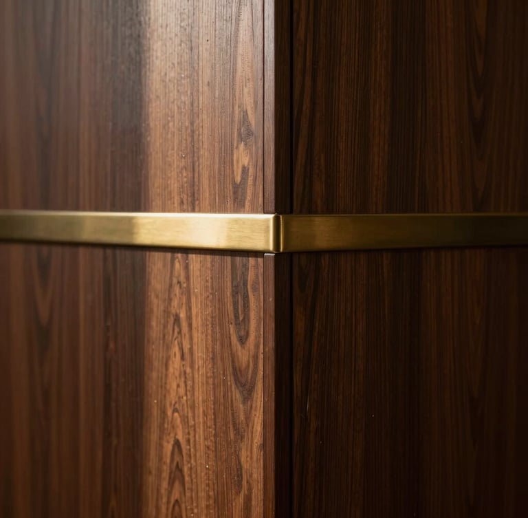 Vertical portrait architectural shot focusing on a custom walnut wall panel meeting a brass trim with absolute zero-tolerance alignment, dramatic side-lighting.