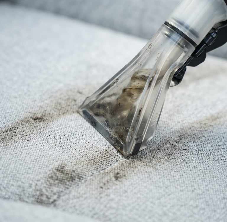 Macro shot of a high-tech extraction nozzle pulling deep-seated dirt from a light grey luxury fabric, bright daylight, clinical precision, 35mm