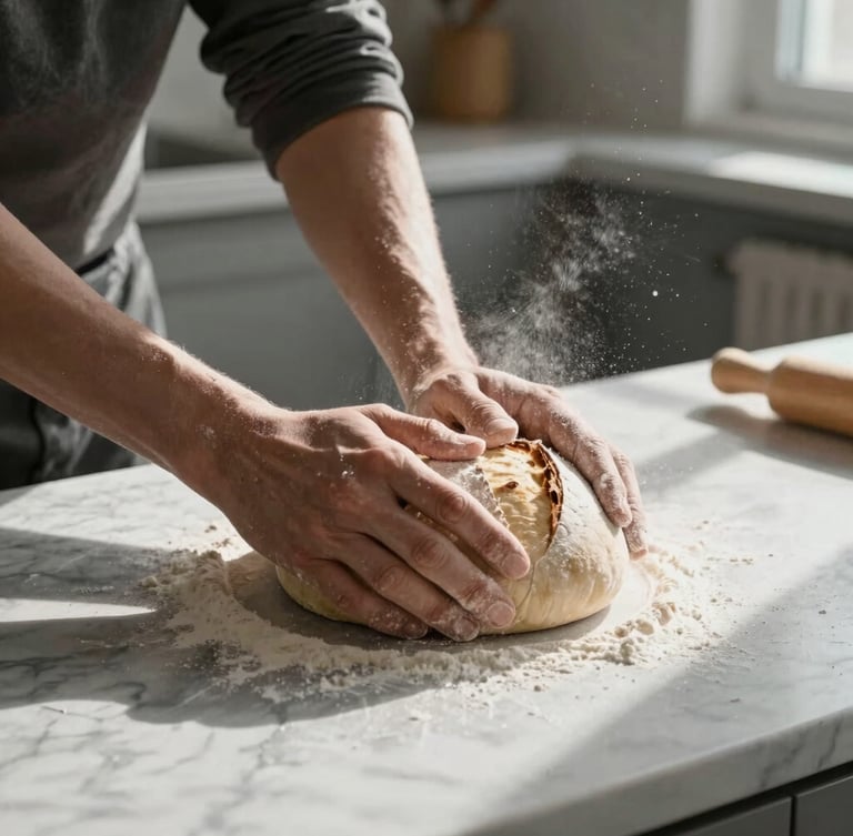 Hands kneading fresh sourdough on a marble counter in a Scandinavian-style kitchen, soft north-facing window light casting long shadows, flour dusting the air.