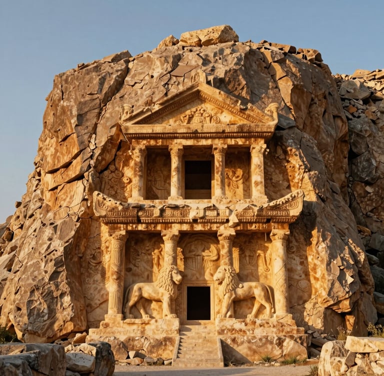 Wide portrait shot of Aslanlı Kaya monument in Döğer, ancient Phrygian rock-cut tomb with lion relief, warm golden hour light, rustic stone texture.