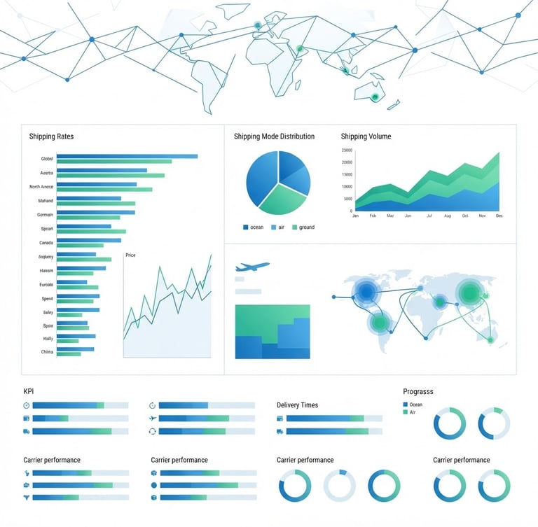 Flat vector illustration of a digital logistics dashboard showing shipping rates, clean geometric charts, white background with blue and green accents, minimalist style