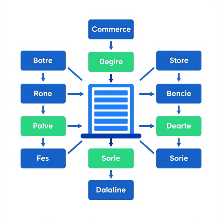 Flat vector illustration of e-commerce store integration pathways connecting seamlessly into a central database, clean geometric shapes, white background, blue and green accents