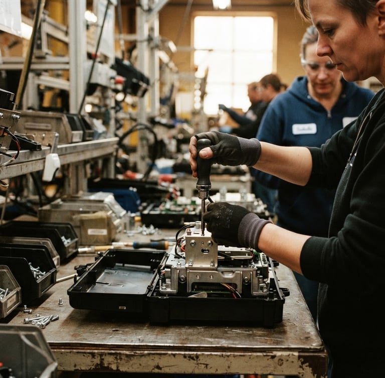 A close-up of hands working on a manufacturing assembly line in Quebec, warm industrial daylight, sharp focus, 35mm lens
