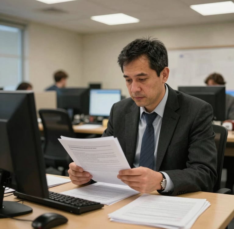 A professional document coordinator reviewing legal papers under warm office lighting in Sherbrooke, focused expression, authentic environmental documentary photography, 35mm.