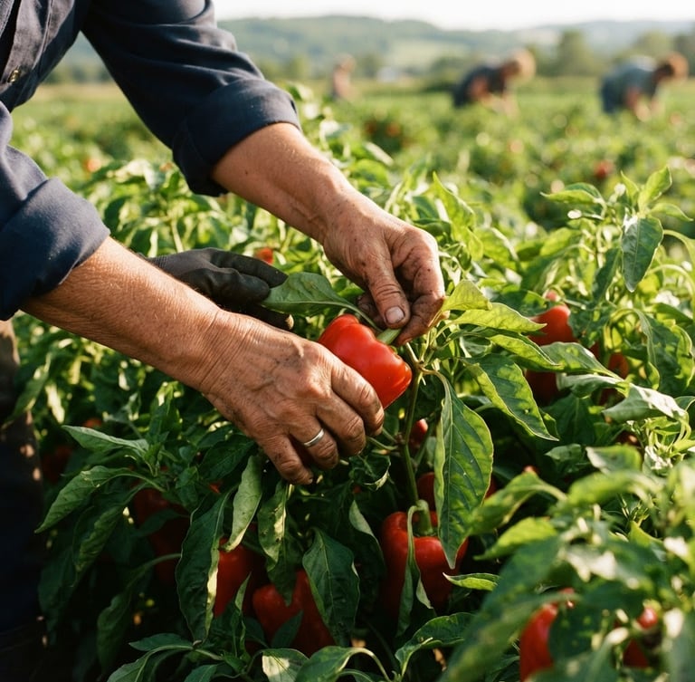A close-up of an agricultural worker's hands harvesting crops in a warm, sunlit Quebec field, authentic environmental documentary style, 35mm lens