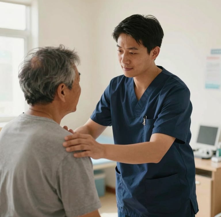A healthcare worker in scrubs assisting a resident in a brightly lit, warm clinical environment, natural daylight, genuine interaction