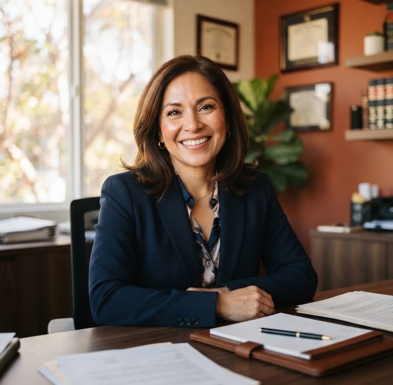 Warm editorial portrait of a professional Hispanic attorney smiling warmly in a sunlit El Monte office, terracotta accents in background, soft natural window light, shallow depth of field
