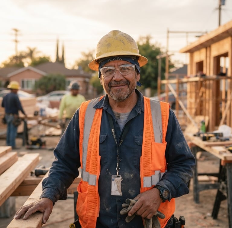 A warm, respectful portrait of a local Hispanic construction worker in safety gear, smiling softly in warm afternoon light, El Monte community background, shallow depth of field