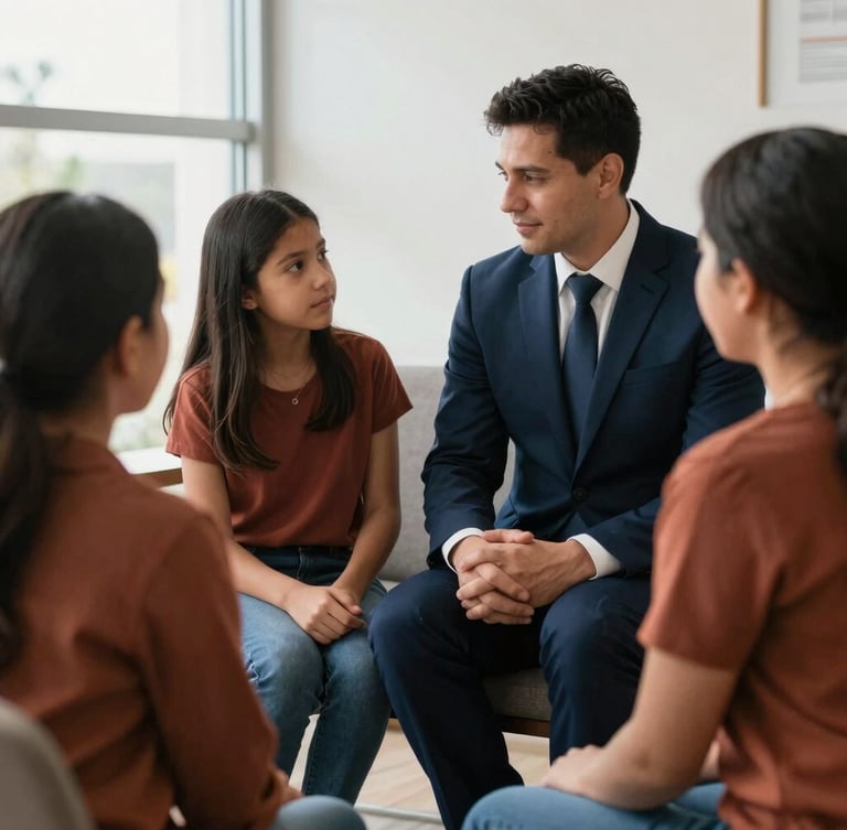 Medium-close shot of a warm, empathetic conversation between a professional attorney and a working-class Hispanic family in a bright office, soft natural window light, deep navy tones