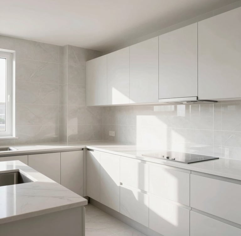 Crisp architectural photography of a modern, clean kitchen remodel with bright natural daylight illuminating flawless tile joints and pristine countertops.