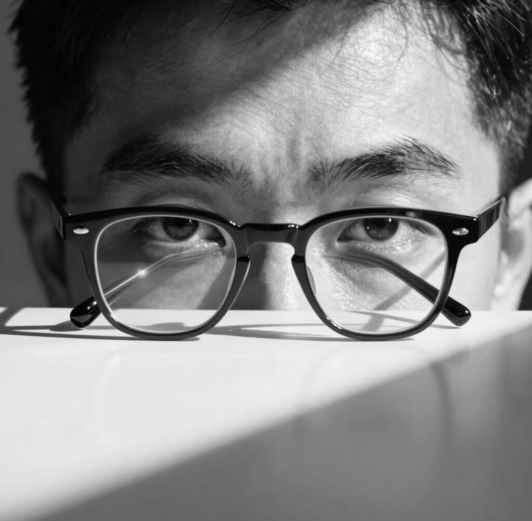 Crisp black-and-white portrait of a master optician in a minimalist studio, sharp geometric shadows, direct sunlight, focusing on the eyes and a bold structural acetate frame.