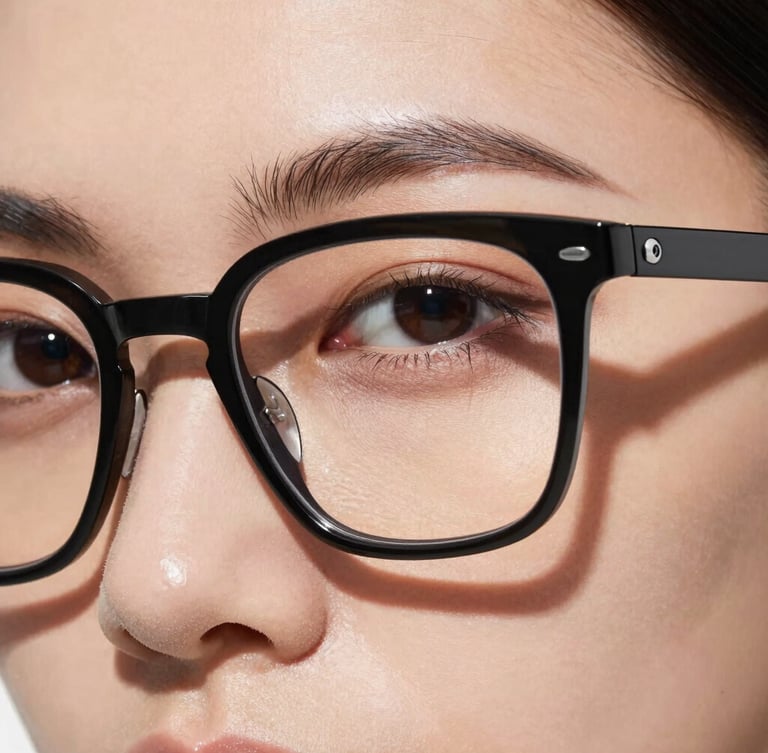 Bespoke optical frame on a model's face, focusing strictly on the eye and the precise fit of the bridge, high-contrast studio lighting, 35mm