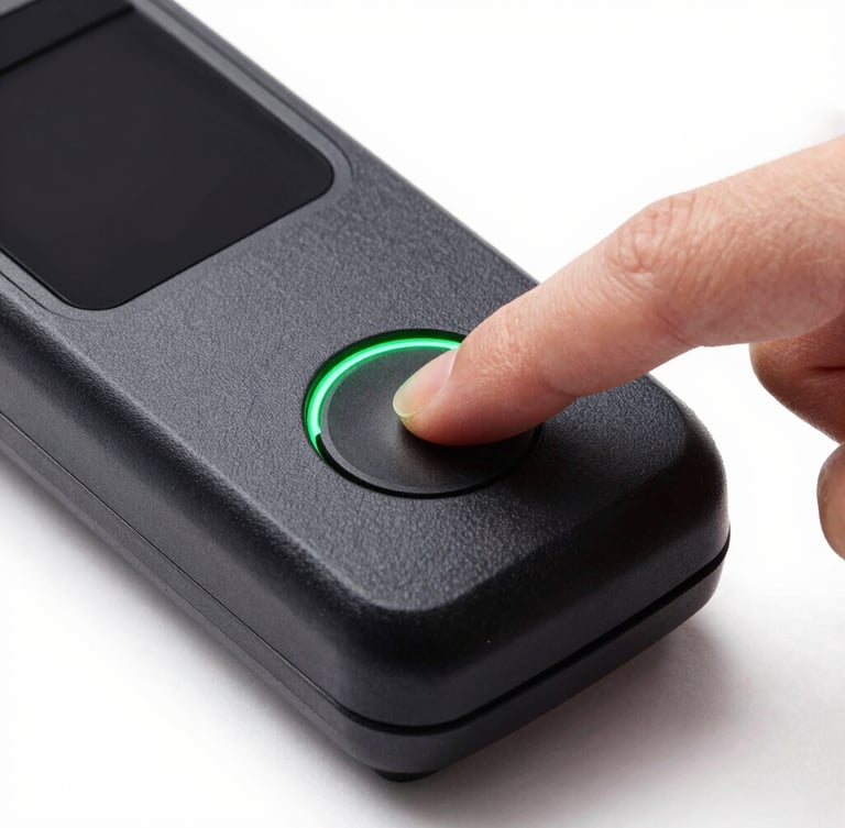 Macro close-up of a hand quickly tapping a sleek black card reader, high-contrast studio lighting, sharp focus, neon-green status light on the reader