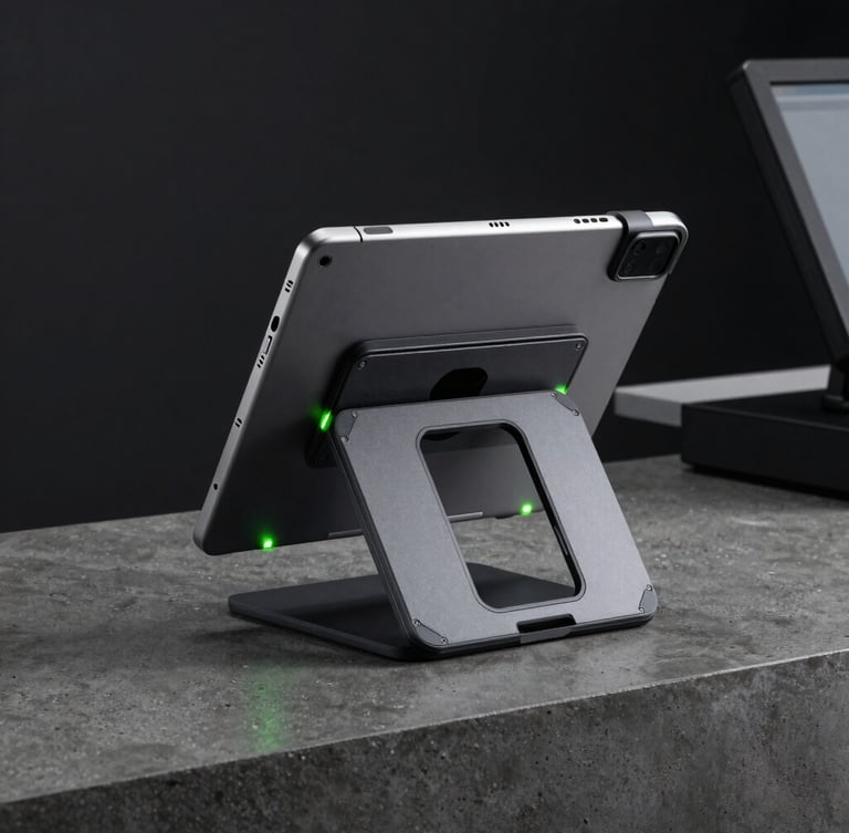 Crisp product photography of a rugged iPad stand on a dark concrete checkout counter, high-contrast studio lighting, vibrant neon-green status light glowing on the side, sharp focus, 50mm lens