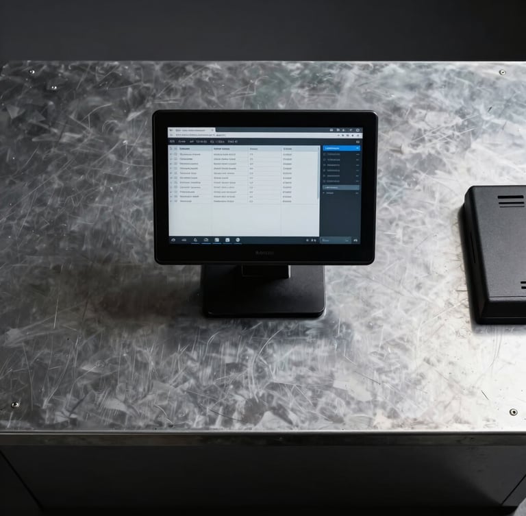 Tight overhead flat-lay of a rugged metal checkout counter, a sleek terminal displaying transaction logs, crisp dramatic shadows.