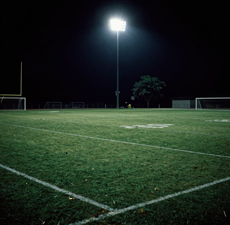 Moody athletic photography of a football pitch under dramatic stadium floodlights, high-contrast 35mm film style, sharp shadows, deep pitch-green tones.