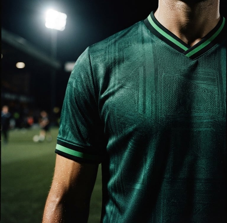 Moody close-up of a premium textured football jersey with pitch-green details under dramatic stadium floodlights, high-contrast 35mm film style.
