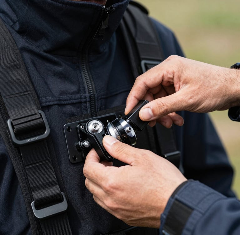 Close-up of hands-on emergency simulation gear, natural daylight, focus on technical coordination equipment during a training session.
