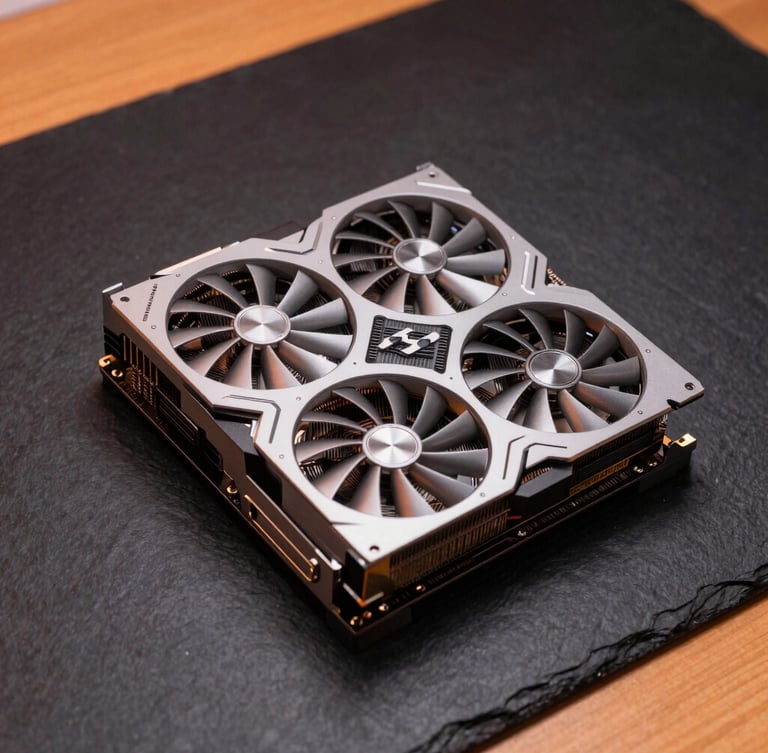 Crisp product photography of a high-end graphics card and motherboard on a dark slate workbench, subtle orange ambient glow, macro lens shot, clean studio lighting