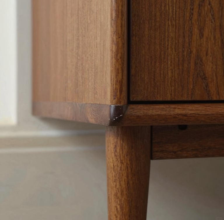 Macro detail shot of a subtle scuff on the wooden leg of a mid-century modern cabinet, soft studio lighting highlighting the texture of the wood grain and imperfection, neutral background, 50mm lens