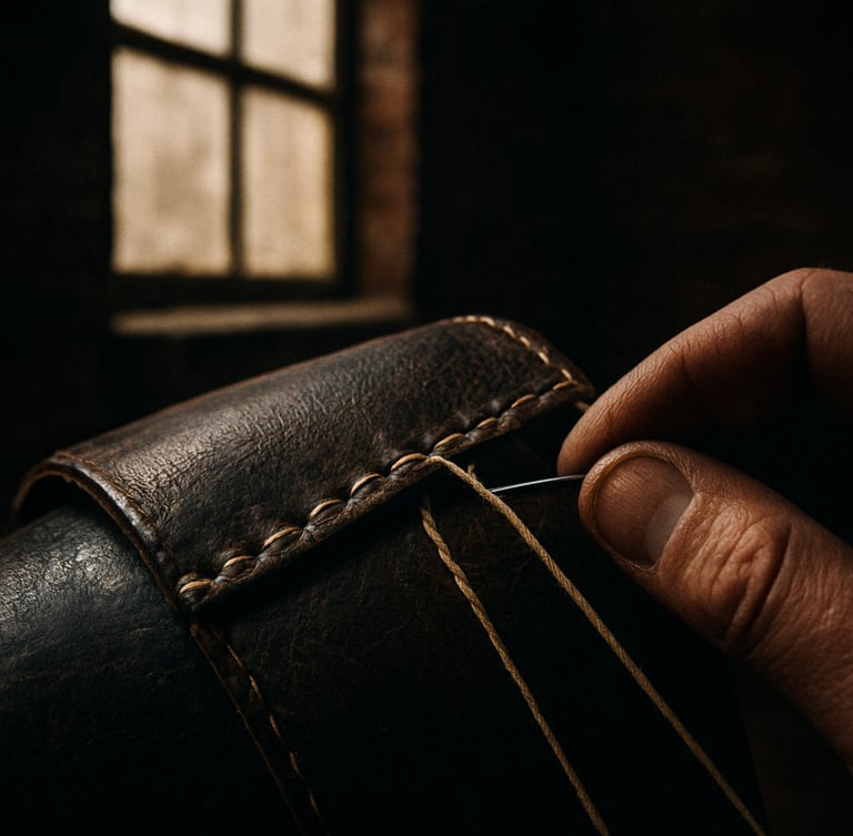 Macro photograph of weathered dark leather being hand-stitched with thick waxed thread in a historic brick workshop, dramatic single-source window light, high contrast, 35mm film grain