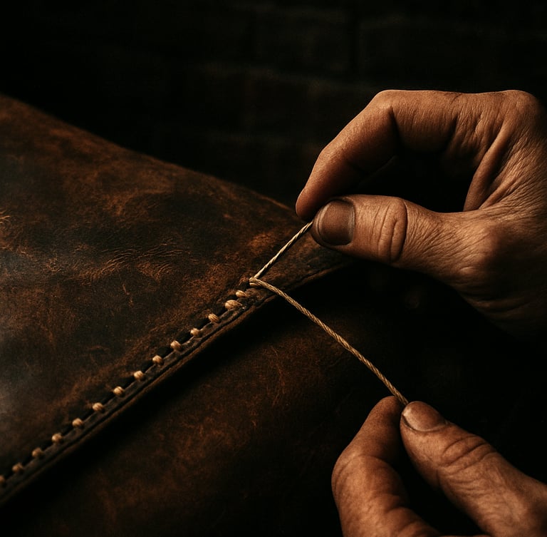 Close-up of weathered brown leather being hand-stitched with thick waxed thread in a dark brick workshop, low-key side-lighting, tactile textures