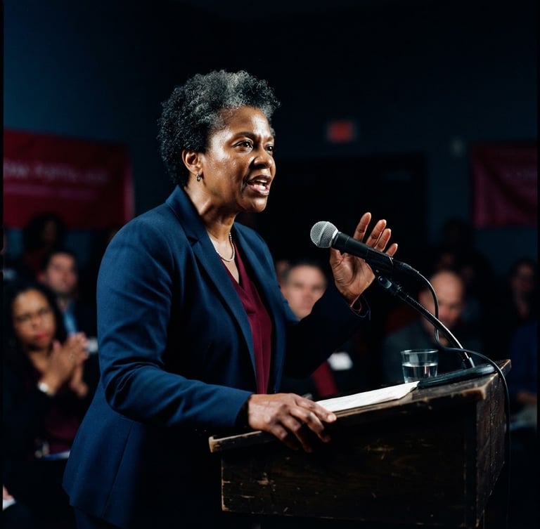Dynamic medium-close shot of a community leader speaking at a local town hall podium, dramatic side-lighting, deep navy background tones, sharp focus, 35mm.