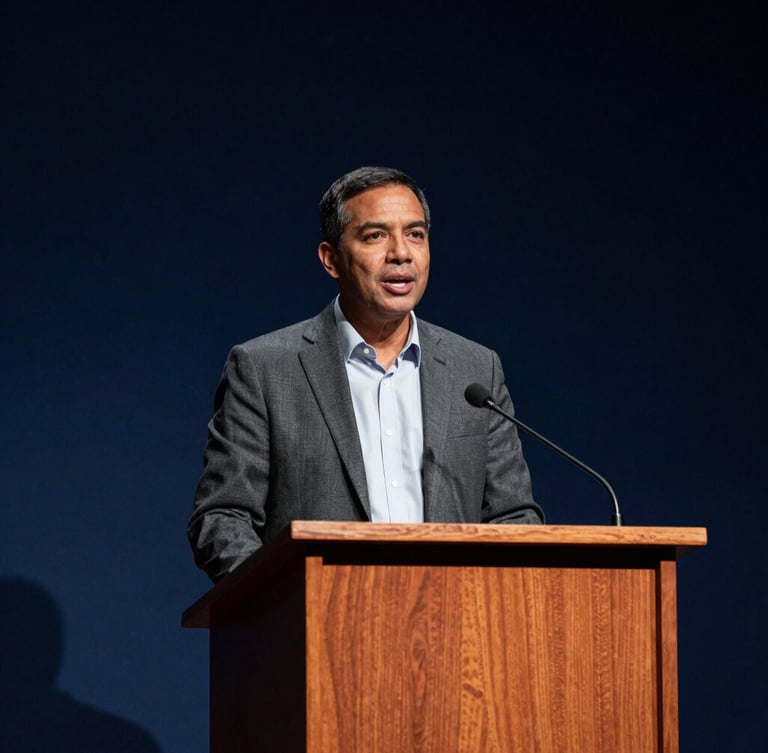Dramatic 35mm editorial portrait of a local community leader speaking confidently at a town hall podium, warm key light, deep navy background shadow