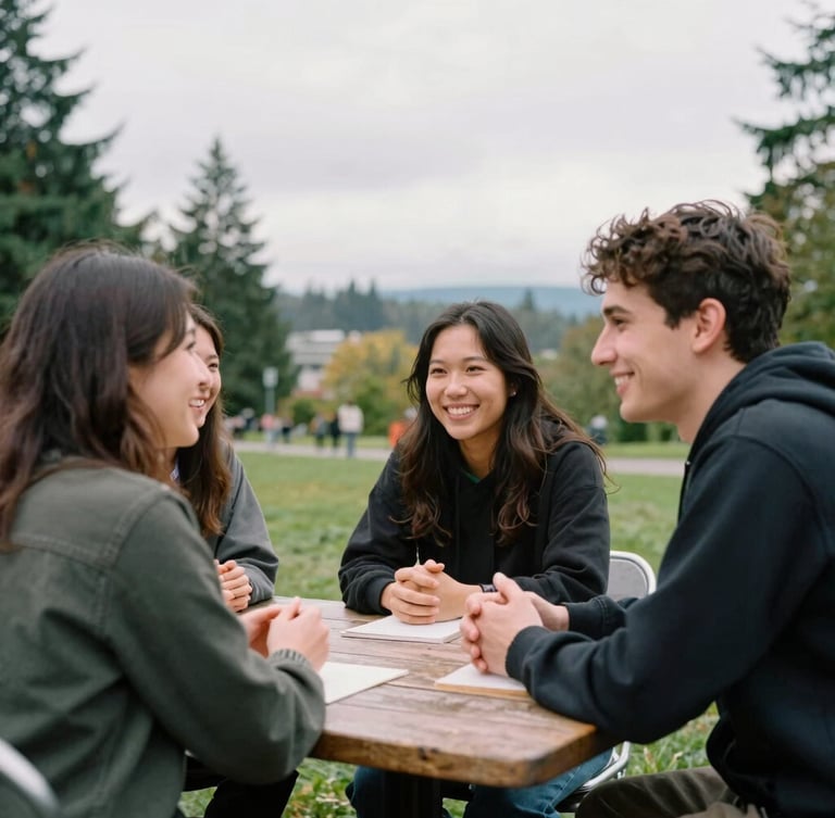 Candid medium shot of three young Seattle organizers talking warmly around a wooden table in an overcast outdoor park, natural Pacific Northwest daylight, 35mm film