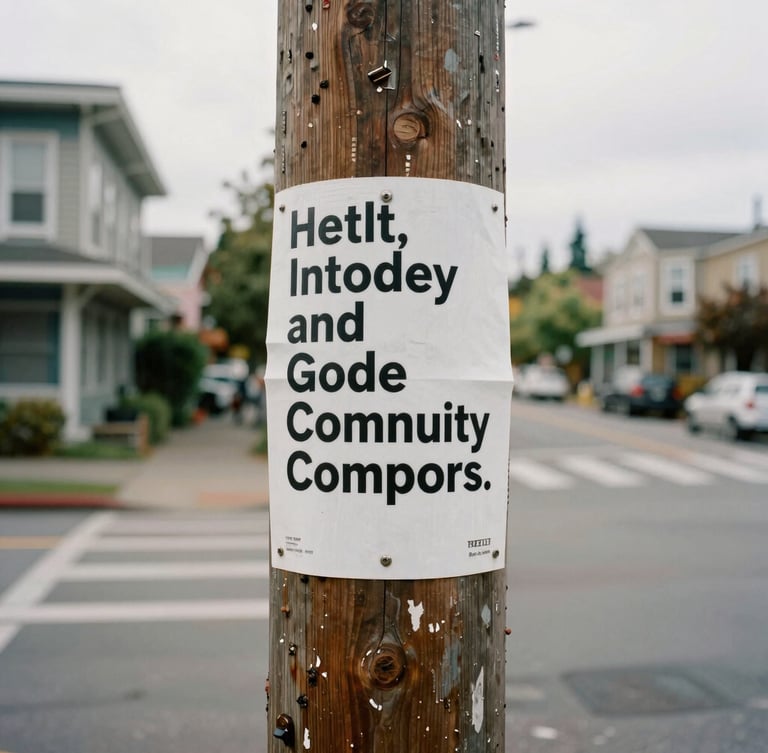 A hand-printed community poster on a weathered cedar telephone pole in a Seattle neighborhood, soft overcast daylight, background of local streets, authentic texture, 35mm film.
