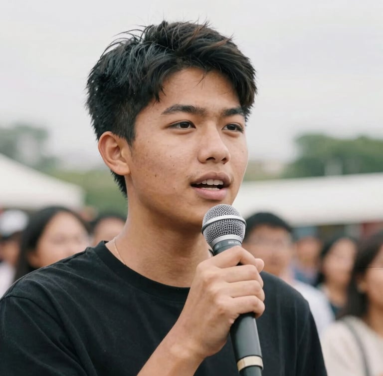 Candid close-up of a young leader speaking confidently into a microphone at an outdoor community event, natural overcast daylight, soft background