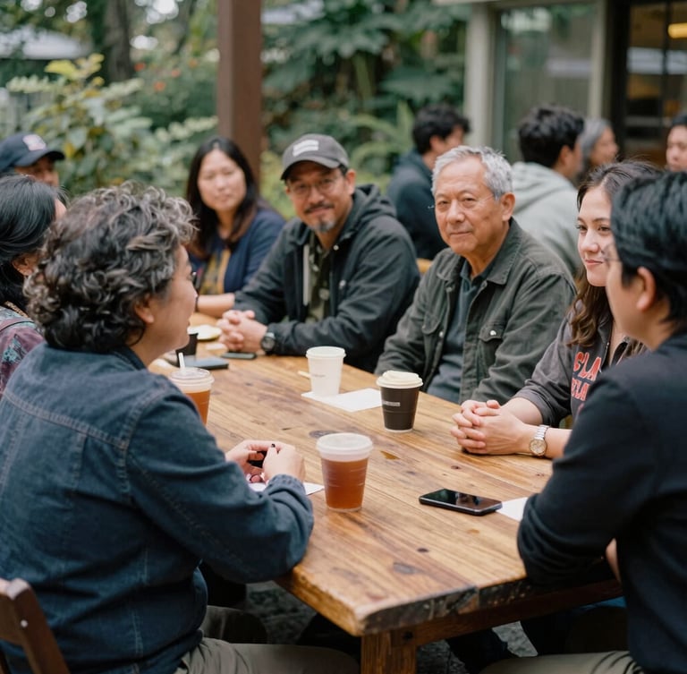 Candid medium shot of a diverse group of Seattle residents in deep conversation around a rustic wooden table, warm natural Pacific Northwest light, 35mm film style