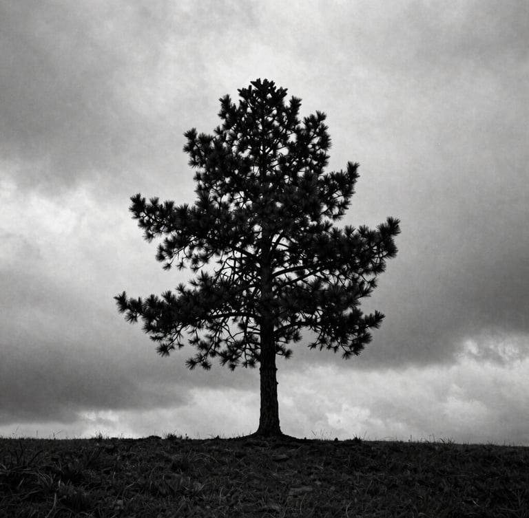 Stark black and white landscape of a lone pine tree against an overcast heavy sky, high-contrast side lighting, medium-format 80mm film texture, dramatic shadows.