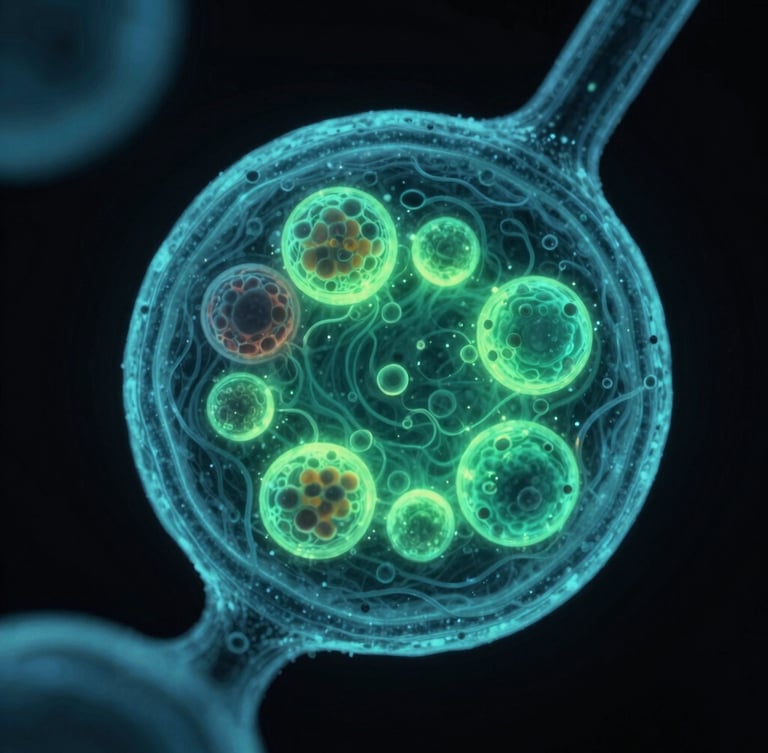 Extreme macro microscopic view of cell division, glowing bioluminescent green and teal highlights, high-contrast dark laboratory setting, 35mm
