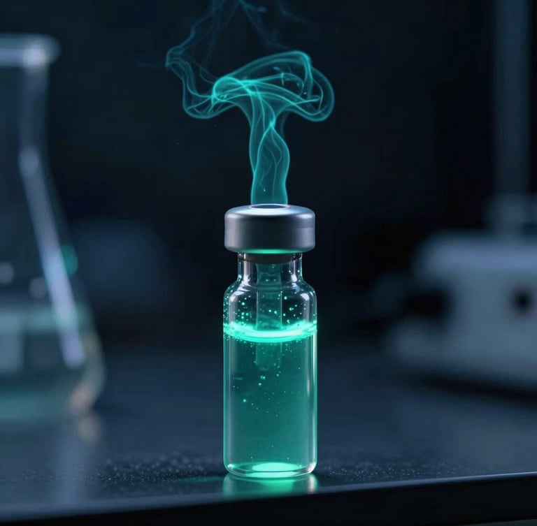 Macro photograph of cryo-preservation vial in deep obsidian laboratory, bioluminescent teal vapor rising, high contrast, sharp focus, 35mm
