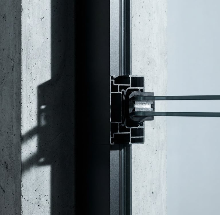 Orthographic technical shot of a matte black steel window frame profile, sharp geometric shadows, high-contrast crisp architectural lighting, cool metallic tones.