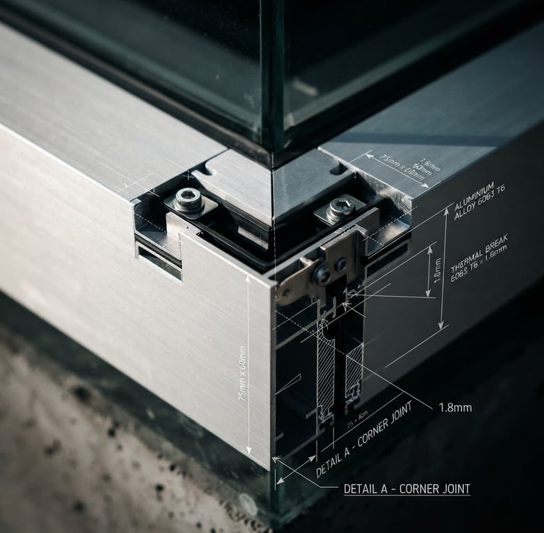 Macro architectural photography of a sharp aluminum window profile corner joint, high-contrast side lighting, technical blueprint lines overlaid, crisp focus, cool metallic tones.