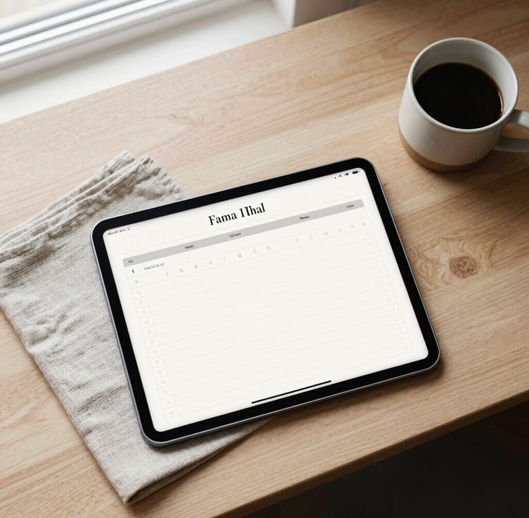 Overhead flat-lay of a minimalist wooden desk with a digital tablet showing an elegant planner layout next to a textured linen napkin and a ceramic coffee cup, soft natural window light