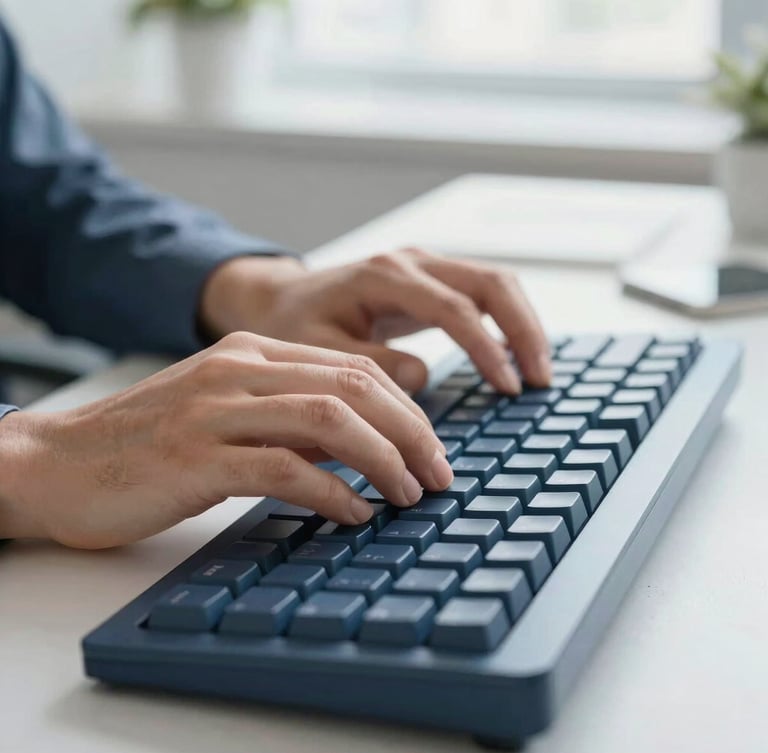 Close-up of professional hands typing on a clean mechanical keyboard in a bright, modern office, natural daylight, soft focus, professional editorial style