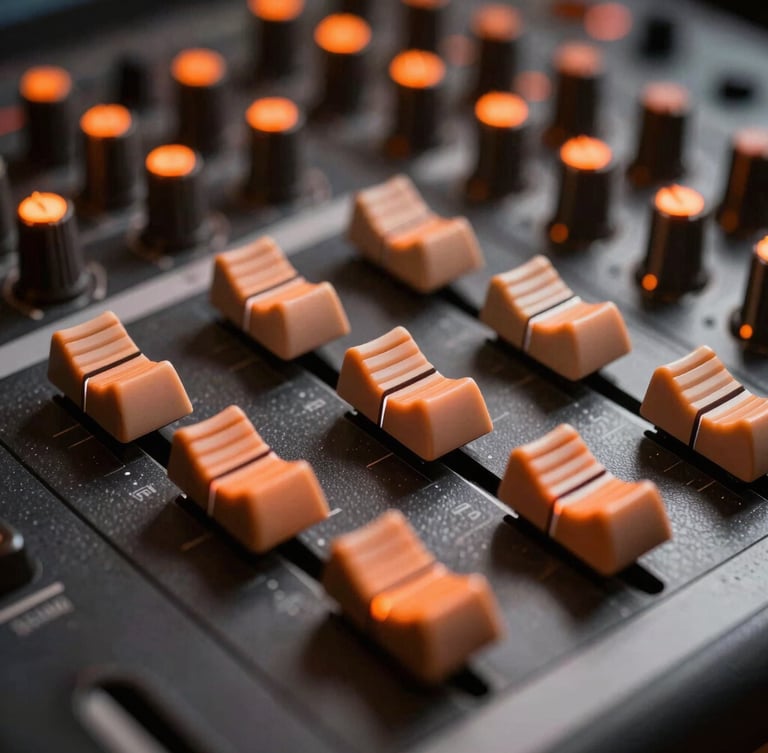 Macro photography of an analog mixing console fader row, dramatic orange ambient studio glow, sharp technical focus.