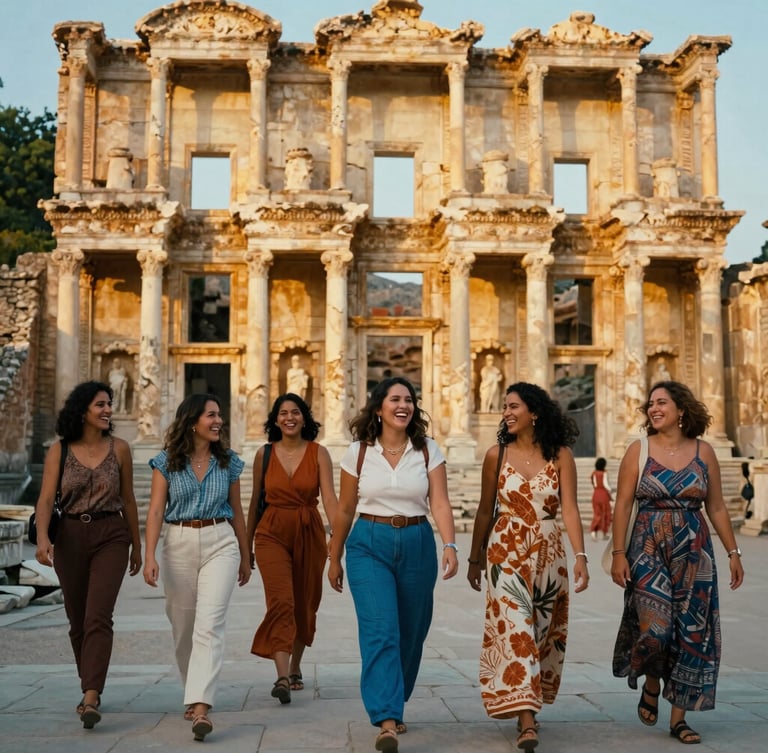 Wide environmental shot of a group of Brazilian women laughing together, walking through the ancient stone ruins of Ephesus, warm golden hour light, rich terracotta and Aegean blue accents, 35mm film look