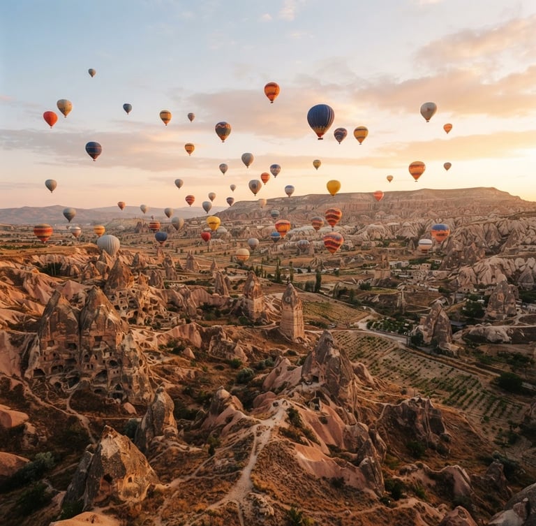 Wide environmental shot of colorful hot air balloons rising over the terracotta valleys of Cappadocia at golden hour, soft morning light, warm editorial photography style.