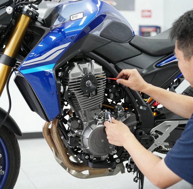 Crisp close-up of a motorcycle engine being serviced by a mechanic in a bright, modern showroom with electric blue highlights, sharp focus, 50mm lens