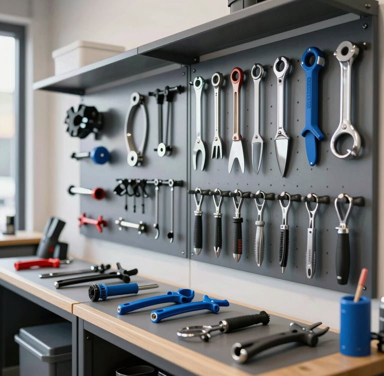 Eye-level view of a clean, organized motorcycle workshop bay, bright natural daylight, metallic tools arranged neatly on a pegboard, sharp focus