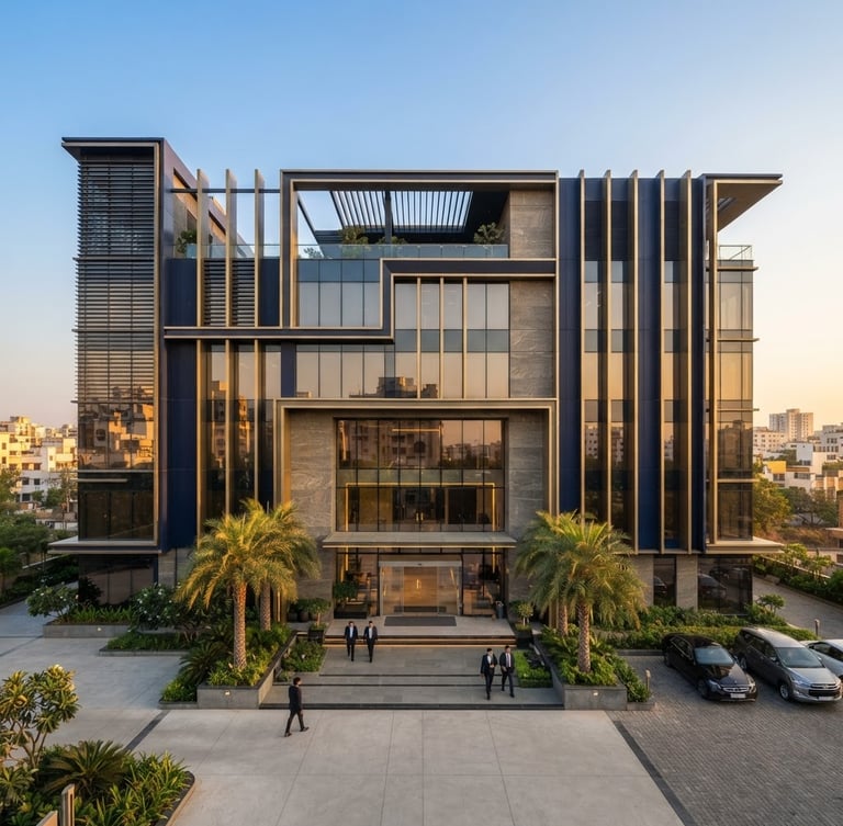 Modern architectural facade of a business building in Vadodara, bright natural daylight, warm golden hour accents, professional corporate setting, 35mm, wide shot with clear lines