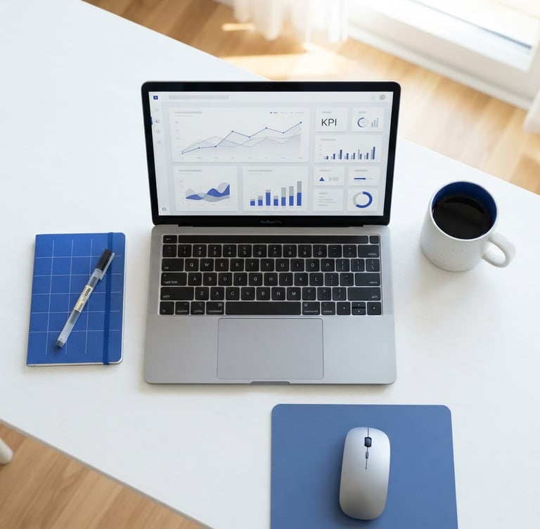 Overhead minimalist workspace, crisp white desk, laptop showing clean analytics charts, coffee cup, bright daylight, subtle cobalt accents